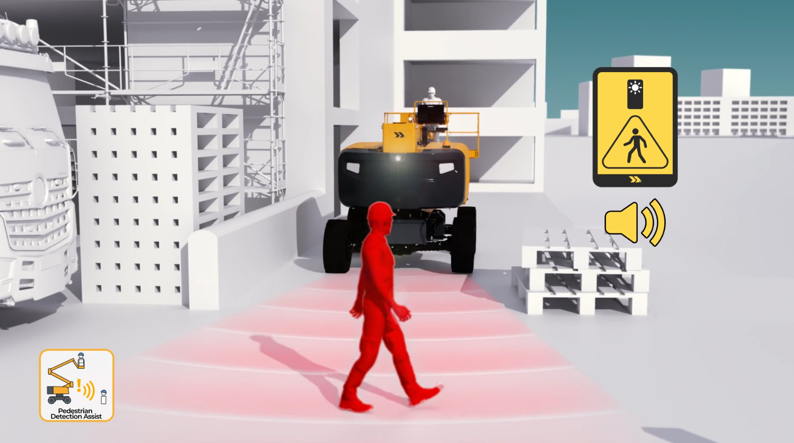 Pedestrian Detection Assist smart onboard camera powered by artificial intelligence to identify pedestrians around the machine